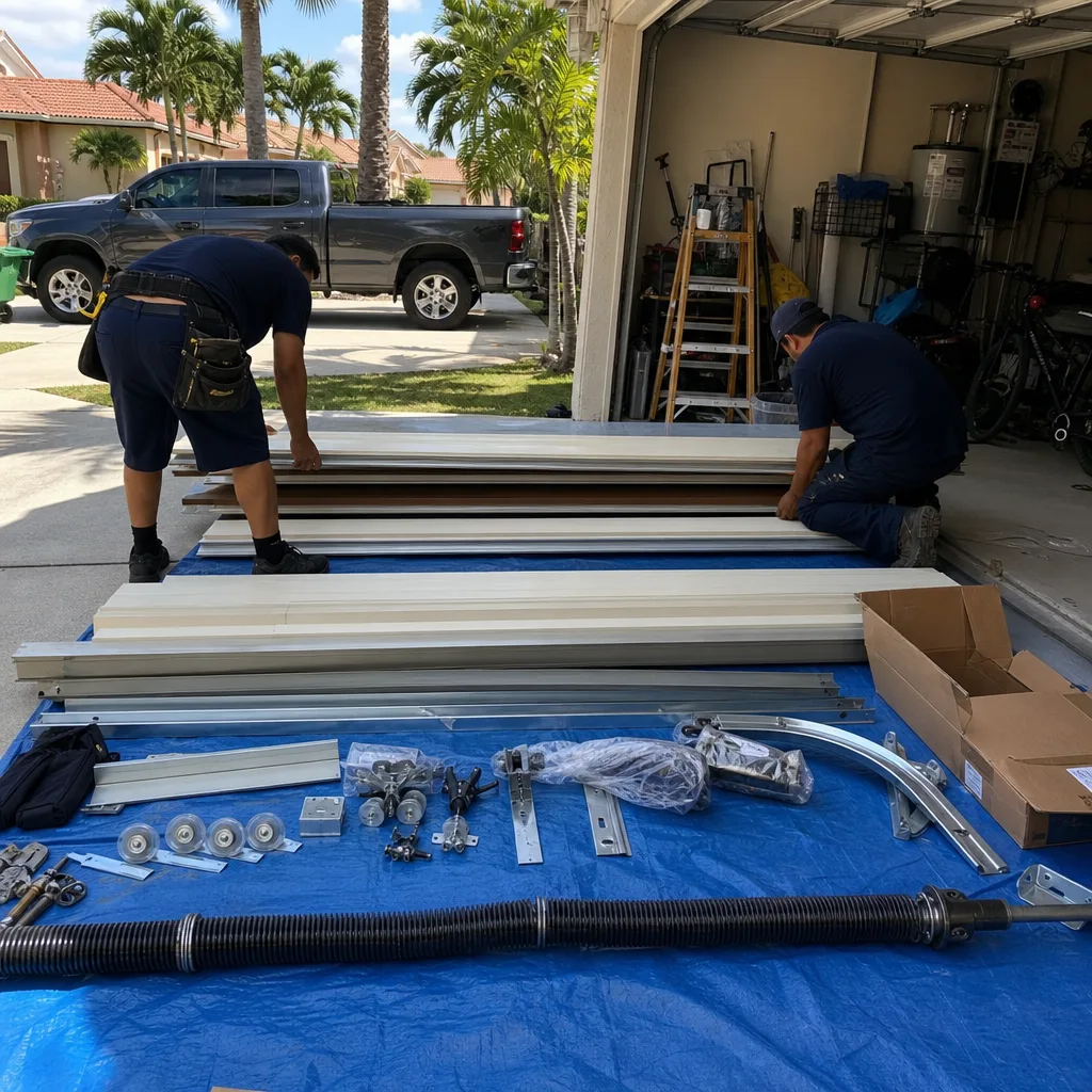Two technicians organizing garage door panels and parts for residential installation.