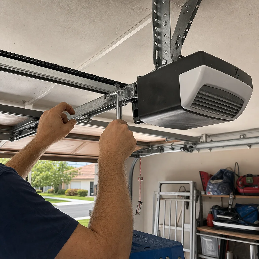 Technician performing garage door opener installation and maintenance on residential motor