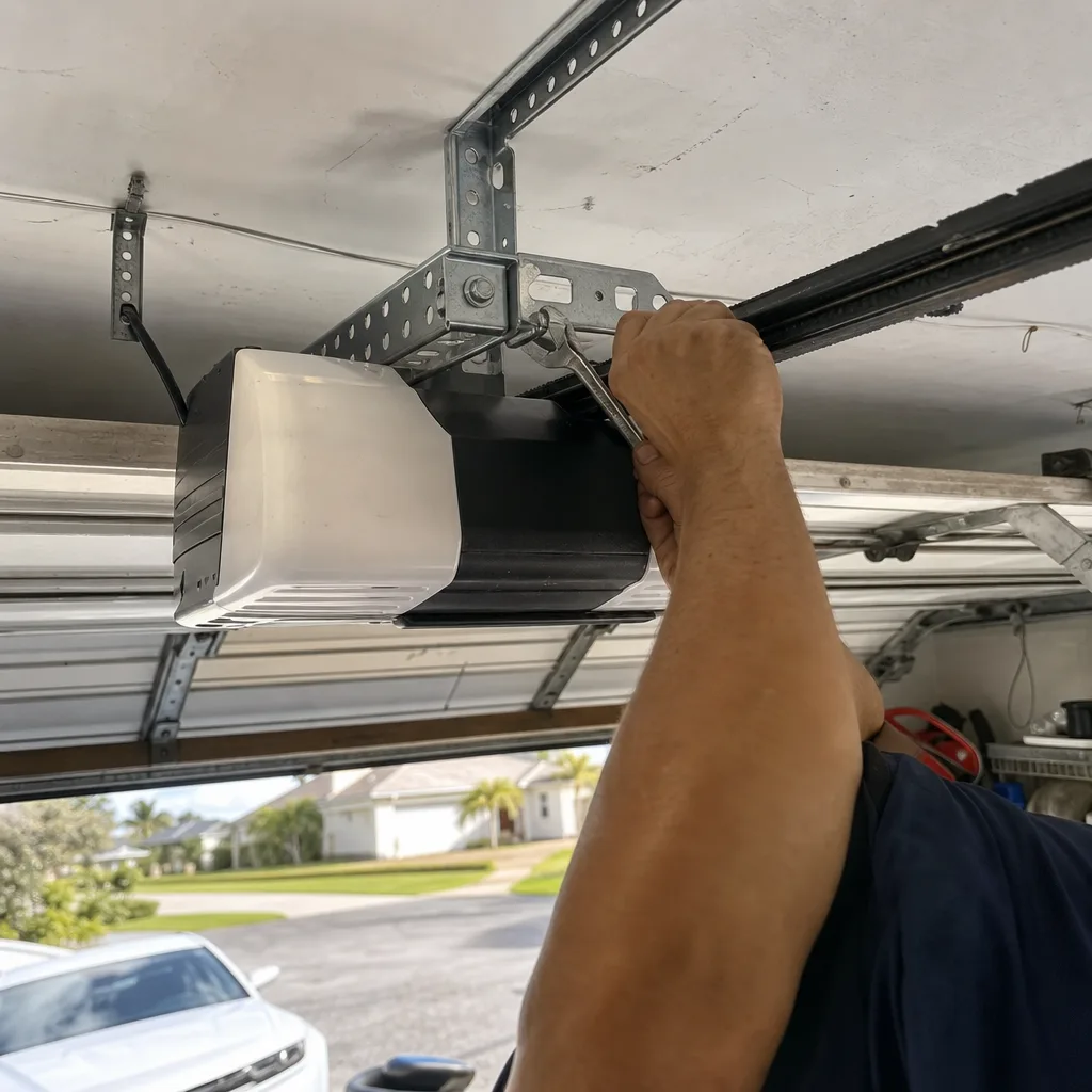 Technician performing professional garage door opener repair and installation