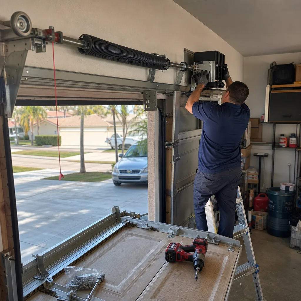 Professional technician repairing a residential garage door opener system.