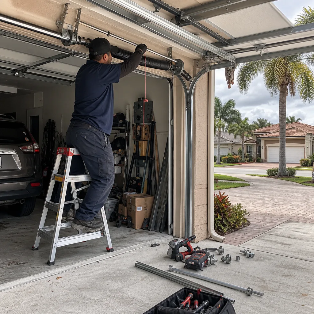 Technician performing garage door spring repair and maintenance