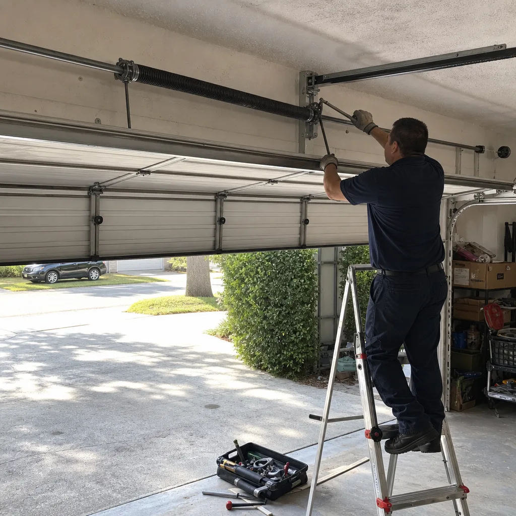 Technician performing garage door spring repair on a step ladder