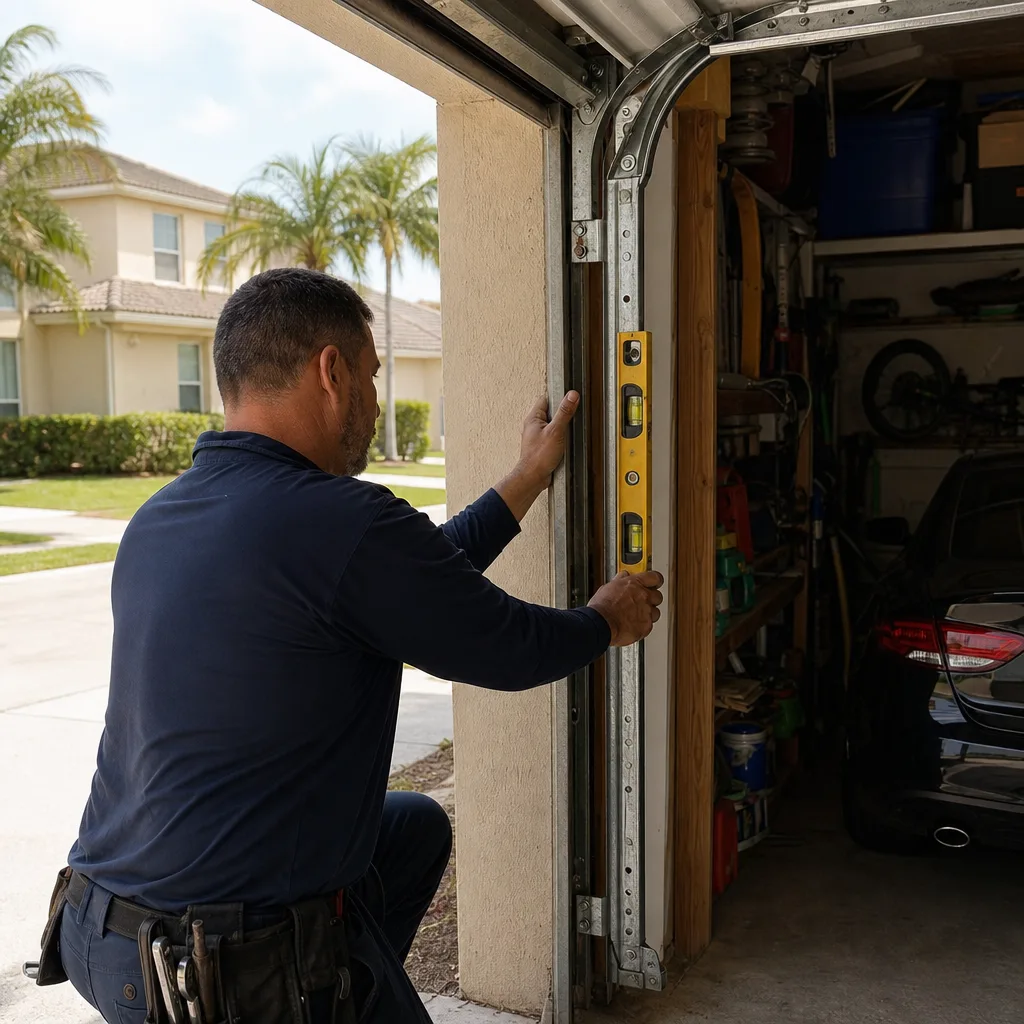 Technician using a spirit level for garage door track repair